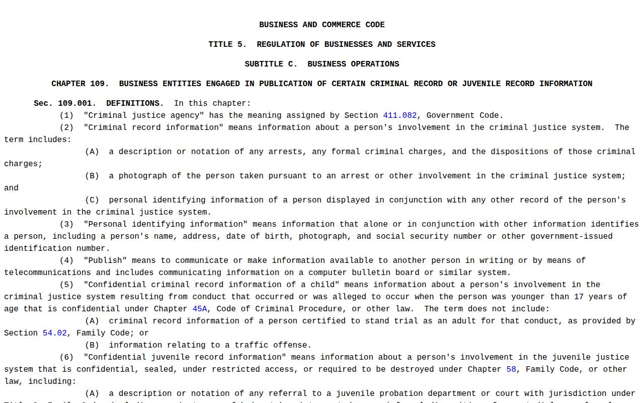 Texas Chapter 109 publication and correction law relevant to Wilbarger County booking records