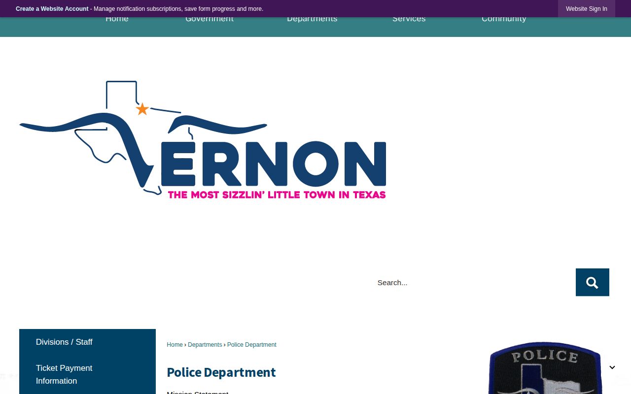 Vernon Police Department official records source for Vernon arrest records